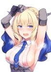  1girl areolae armpits arms_up blonde_hair blue_eyes blush bob_cut braid breasts cai_geng capelet colorado_(kantai_collection) commentary_request covered_nipples cum cum_on_body cum_on_upper_body elbow_gloves eyebrows_visible_through_hair french_braid gloves hat kantai_collection large_breasts mini_hat necktie nipples open_mouth see-through shirt short_hair side_braid sideboob simple_background sleeveless sleeveless_shirt solo sweat underbust upper_body white_background 