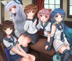  :d bangs black_hair black_legwear black_sailor_collar black_skirt blue_eyes blue_hair blue_neckwear blue_sailor_collar blue_skirt blush brown_eyes brown_hair desk dress eyebrows_visible_through_hair folded_ponytail fubuki_(kantai_collection) gradient_hair green_eyes hair_bobbles hair_ornament hair_ribbon headgear highres inazuma_(kantai_collection) indoors kantai_collection kneehighs long_hair long_sleeves looking_at_viewer low_ponytail multicolored_hair murakumo_(kantai_collection) neckerchief open_mouth orange_eyes pantyhose pink_eyes pink_hair pleated_skirt red_neckwear red_ribbon redundant-cat ribbon sailor_collar sailor_dress samidare_(kantai_collection) sazanami_(kantai_collection) school_uniform serafuku shirt short_eyebrows short_hair short_ponytail short_sleeves sidelocks silver_hair sitting skirt sleeveless sleeveless_shirt smile swept_bangs thighband_pantyhose thighhighs tress_ribbon twintails very_long_hair white_shirt white_skirt 