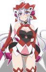  1girl ahoge armor blush breasts covered_navel elbow_gloves gloves hair_ornament headgear highres large_breasts lavender_hair leotard long_hair looking_at_viewer parted_lips purple_eyes scrunchie senki_zesshou_symphogear shiny shiny_hair shiny_skin simple_background smile solo standing teeth thighhighs twintails very_long_hair white_background yoshi_tama yukine_chris 