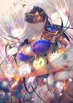  1girl black_hair blue_eyes blurry blurry_background breasts bridal_gauntlets circlet fate/grand_order fate_(series) glowing glowing_eyes highres jewelry lamp large_breasts long_hair magic naganegi pelvic_curtain ribbon scheherazade_(fate/grand_order) smile staff thighhighs translucent tsurime veil 