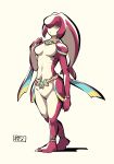  1girl belt bracelet breasts chichibu_(chichichibu) expressionless fins fish_girl full_body hand_up highres jewelry looking_at_viewer medium_breasts mipha monster_girl multicolored multicolored_skin navel necklace no_eyebrows red_skin shadow simple_background solo standing the_legend_of_zelda the_legend_of_zelda:_breath_of_the_wild white_background yellow_eyes zora 