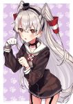  1girl amatsukaze_(kantai_collection) bangs blush brown_dress brown_eyes deco_(geigeki_honey) dress eyebrows_visible_through_hair garter_straps gloves hair_between_eyes hair_tubes hat highres kantai_collection lifebuoy long_hair long_sleeves open_mouth paw_pose paw_print sailor_collar sailor_dress short_dress silver_hair single_glove solo sweat sweatdrop twitter_username two_side_up white_gloves windsock 