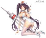  1girl alternate_costume ass bangs bare_shoulders blush breasts cleavage detached_collar dress elaine_(iron_saga) eyebrows_visible_through_hair full_body garter_straps hair_ornament hat high_heels highres holding holding_syringe iron_saga large_breasts logo long_hair looking_at_viewer nurse nurse_cap official_art open_mouth oversized_object panties purple_hair red_eyes short_dress sidelocks simple_background skindentation smile solo syringe thighhighs twintails underwear white_background white_dress white_footwear white_panties wrist_cuffs zjsstc 