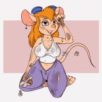  1:1 anthro big_breasts blonde_hair blue_eyes breasts chip_&#039;n_dale_rescue_rangers clothed clothing disney eyelashes eyewear female fur gadget_hackwrench goggles goggles_on_head hair hi_res hindpaw hyenatig_(artist) long_hair mammal mouse murid murine paws rodent shirt simple_background solo sweat tattoo topwear 