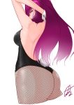  1girl ass back bangs bare_shoulders black_leotard breasts bunny_tail detached_collar fate/grand_order fate_(series) fishnet_pantyhose fishnets highres large_breasts leotard long_hair looking_at_viewer looking_back pantyhose purple_hair red_eyes saco_(cgmore) scathach_(fate)_(all) scathach_(fate/grand_order) simple_background solo tail white_background wrist_cuffs 