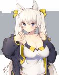  1girl animal_ear_fluff animal_ears bangs black_jacket blue_eyes blush bow breasts cleavage closed_mouth collarbone commentary hair_between_eyes hair_bow haruyuki_(yukichasoba) highres jacket large_breasts long_sleeves original shirt simple_background sleeveless sleeveless_shirt solo twintails white_hair white_shirt yellow_bow 