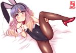  1girl animal_ears bed black_legwear black_leotard bow bowtie bunny_ears bunny_tail bunnysuit commentary_request detached_collar gradient_hair highres kanon_(kurogane_knights) kantai_collection leotard looking_at_viewer lying multicolored_hair on_side orange_hair pantyhose pillow purple_eyes purple_hair red_neckwear short_hair sidelocks solo spread_legs strapless strapless_leotard tail tsushima_(kantai_collection) wrist_cuffs 