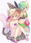  2girls :d alternate_eye_color alternate_headwear antennae ass ball bangs bare_legs beachball bikini black_bikini blonde_hair breasts brown_eyes butterfly_wings collarbone commentary_request eternity_larva eyebrows_visible_through_hair fairy_wings full_body green_hair hair_between_eyes hair_ribbon hat kneeling knees_up leaf lily_white long_hair looking_at_viewer multiple_girls navel open_mouth pink_footwear pink_ribbon power-up purple_eyes puuakachan revision ribbon sandals sarong short_hair simple_background sitting small_breasts smile stomach sun_hat swimsuit thighs touhou white_background white_bikini wings 