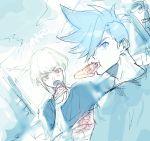  2boys areno blue_theme bob_cut casual copyright_name dutch_angle eating food galo_thymos lio_fotia looking_back male_focus monochrome multiple_boys pizza promare sketch spiked_hair 