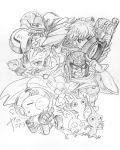  1girl 4boys aiming alien antenna anthro arm_cannon armor artist_signature big_nose black_and_white blue_pikmin captain_falcon crossover f-zero female fox_mccloud hair helmet highres holding holding_weapon koaraymt male metroid monado multiple_boys nintendo olimar pikmin pikmin_(creature) pikmin_(series) pikmin_(species) pointing pointy_ears red_pikmin running samus_aran scarf scouter shulk smile space_suit star_fox super_smash_bros. teeth tripping visor xenoblade_(series) xenoblade_chronicles yellow_pikmin 