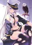  1girl azur_lane bald_eagle bare_shoulders between_breasts bird black_legwear blush breasts cleavage commentary eagle enterprise_(azur_lane) hat hoshino_koucha jacket long_hair looking_at_viewer military_hat navel necktie necktie_between_breasts revision solo thighhighs thighs torn_clothes torn_legwear very_long_hair white_hair 