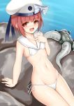  1girl bikini brown_eyes brown_hair collarbone enemy_naval_mine_(kantai_collection) flat_chest groin hand_on_own_chest hat kantai_collection looking_at_viewer lowleg lowleg_bikini military_hat navel open_mouth rock sailor_bikini sailor_collar sailor_hat short_hair side-tie_bikini sitting solo swimsuit toshishikisai white_bikini white_headwear white_sailor_collar z3_max_schultz_(kantai_collection) 