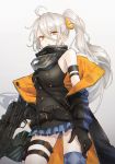  1girl absurdres bare_shoulders belt black_gloves blue_legwear breasts double-breasted girls_frontline gloves goggles goggles_around_neck gun hair_between_eyes highres holding holding_gun holding_weapon huge_filesize jacket knife kunoki_toki long_hair off_shoulder parted_lips pkp_(girls_frontline) pleated_skirt sheath sheathed side_ponytail silver_hair single_thighhigh skirt small_breasts solo thigh_strap thighhighs very_long_hair weapon yellow_eyes 