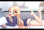  1girl abigail_williams_(fate/grand_order) ass bangs bare_legs barefoot black_bow black_panties blonde_hair blue_eyes blue_sweater blurry blurry_background blush bow candy cellphone commentary_request depth_of_field eyebrows_visible_through_hair fate/grand_order fate_(series) fingernails food forehead hair_bow highres holding holding_food holding_lollipop indoors kido_airaku legs_up letterboxed lollipop long_hair long_sleeves lying no_pants on_bed on_stomach open_mouth orange_bow panties panty_pull parted_bangs phone sleeves_past_wrists soles solo sweater underwear very_long_hair 