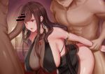  1girl 2boys armlet bangs bar_censor bare_shoulders bent_over black_dress blunt_bangs breasts brown_hair censored cleavage commentary_request dress dsr-50_(girls_frontline) earrings erection eyebrows_visible_through_hair girls_frontline huge_breasts imminent_sex indoors jewelry lampshade large_breasts long_hair mingke multiple_boys muscle necklace nude open_mouth penis red_eyes restrained see-through sideboob thighs 
