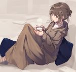  1girl blue_pillow brown_eyes brown_hair brown_skirt brown_sweater cup from_above full_body hair_bun holding holding_cup hood hooded_sweater long_skirt nagishiro_mito original sitting skirt solo striped striped_legwear sweater turtleneck_shirt 