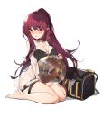  1girl absurdres bag ball beachball black_swimsuit blush breasts cleavage eyebrows_visible_through_hair girls_frontline hair_ribbon hat highres long_hair one-piece_swimsuit open_mouth ponytail purple_hair red_eyes ribbon see-through simple_background sitting solo swimsuit very_long_hair wa2000_(girls_frontline) wariza white_background xxi 