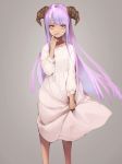  1girl absurdres bangs commentary_request dark_skin demon_horns dress grey_background highres horns kate_iwana long_hair long_sleeves looking_at_viewer original pink_eyes purple_eyes purple_hair purple_lips skirt_hold solo white_dress 