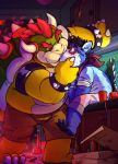  2019 absurd_res anthro belly blue_fur blush bottomwear bowser canid canine canis clothing detailed_background domestic_dog duo fur guffaw hi_res humanoid_hands kissing koopa male male/male mammal mario_bros nintendo one_eye_closed overweight overweight_male scalie shirt shorts sitting topwear video_games wink 