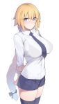 1girl bangs blonde_hair blue_eyes blush bra_through_clothes braid breasts closed_mouth collared_shirt dress_shirt enosan fate/apocrypha fate_(series) hair_between_eyes highres jeanne_d&#039;arc_(fate) jeanne_d&#039;arc_(fate)_(all) large_breasts long_braid long_hair long_sleeves looking_at_viewer necktie pleated_skirt shirt simple_background single_braid skirt smile solo thighhighs thighs very_long_hair white_background white_shirt 