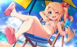  1girl ;3 ;d arm_up bangs bare_arms bare_shoulders beach bikini blonde_hair blue_sky blush chair cloud collarbone commentary_request crossed_legs cup day drink drinking_glass dutch_angle eyebrows_visible_through_hair fingernails green_eyes hair_ribbon hand_behind_head high_ponytail himesaka_noa holding holding_cup legs long_hair lounge_chair o-ring o-ring_bikini o-ring_bottom o-ring_top on_chair one_eye_closed open_mouth outdoors pink_footwear red_ribbon ribbon sand sandals side_ponytail sidelocks sitting sky smile solo striped swimsuit thick_eyebrows tropical_drink very_long_hair watashi_ni_tenshi_ga_maiorita! water white_bikini yuuuuu 