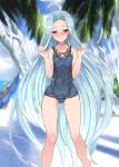  1girl absurdres ahoge beach blue_eyes blue_hair blush breasts cameltoe cloud covered_navel forehead granblue_fantasy harigane_shinshi heart heart-shaped_pupils highres long_hair lyria_(granblue_fantasy) one-piece_swimsuit outdoors palm_tree small_breasts smile solo swimsuit symbol-shaped_pupils tree very_long_hair 