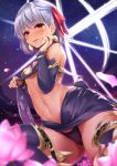  1girl :d bangs bare_shoulders blurry_foreground blush breasts detached_sleeves dress dress_tug earrings eyebrows_visible_through_hair fate/grand_order fate_(series) gold hair_between_eyes hair_ribbon hand_up highres jewelry kama_(fate/grand_order) kurenai_hanpen looking_at_viewer multiple_rings navel open_mouth panties purple_dress purple_panties purple_skirt red_eyes red_ribbon ribbon silver_hair skirt sky small_breasts smile solo star_(sky) starry_sky stomach thighhighs underboob underwear 