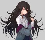  1girl bangs black_hair blue_skirt closed_mouth coat collared_shirt commentary_request cowboy_shot eyebrows_visible_through_hair floating_hair frilled_shirt frills grey_background grey_coat hair_between_eyes hand_in_hair hand_up io_(io_oekaki) jewelry light_blush long_hair long_sleeves looking_away messy_hair multicolored_coat off_shoulder original purple_coat red_eyes ruby_(gemstone) shirt signature simple_background skirt solo standing upper_body very_long_hair white_shirt 