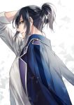  1boy black_hair blue_jacket collared_shirt from_side hair_between_eyes jacket k_(anime) looking_at_viewer male_focus noes open_clothes open_jacket parted_lips ponytail profile shirt sidelocks simple_background solo tied_hair upper_body white_background white_shirt wing_collar yatogami_kurou yellow_eyes 