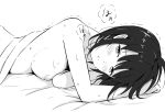  1girl after_sex areolae arm_support asou_(asabu202) black_hair blush breasts greyscale katou_megumi lying medium_breasts messy_hair monochrome nipples nude on_stomach saenai_heroine_no_sodatekata solo sweat under_covers 