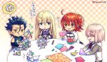  2boys 2girls :d ^_^ bangs black-framed_eyewear black_hair black_shirt black_sleeves blonde_hair blush boxcutter breasts brown_scrunchie chaldea_uniform checkered checkered_background chibi closed_eyes commentary_request detached_sleeves diarmuid_ua_duibhne_(fate/grand_order) eyebrows_visible_through_hair fate/grand_order fate_(series) fionn_mac_cumhaill_(fate/grand_order) fou_(fate/grand_order) fujimaru_ritsuka_(female) glasses green_eyes green_shirt hagino_kouta hair_between_eyes hair_ornament hair_over_one_eye hair_scrunchie jacket lancer_(fate/zero) long_hair long_sleeves mash_kyrielight multiple_boys multiple_girls necktie one_side_up open_clothes open_jacket open_mouth origami paper_crane parted_lips pink_hair red_hair red_neckwear scissors scrunchie shirt sleeveless sleeveless_shirt smile sweat table thought_bubble translation_request twitter_username uniform very_long_hair white_jacket 