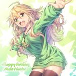  1girl ahoge black_legwear blonde_hair breasts butterfly_ornament character_name collarbone green_eyes green_sweater hair_between_eyes happy_birthday hoshii_miki idolmaster idolmaster_million_live! jewelry long_hair looking_at_viewer medium_breasts nanaran necklace open_mouth smile solo star star_print sweater thighhighs upper_teeth 