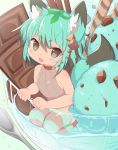  1girl :d animal_ears bangs bare_arms bare_shoulders black_hair blush_stickers brown_leotard chocolate commentary_request cup eyebrows_visible_through_hair fang food green_eyes green_hair hair_between_eyes hair_ornament ice_cream in_container in_cup in_food leotard looking_at_viewer minigirl mofuaki multicolored_hair open_mouth original personification ribbed_leotard seiza short_eyebrows sitting smile solo striped striped_legwear tail thick_eyebrows thighhighs two-tone_hair wafer_stick 