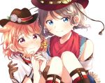  2girls alternate_hairstyle animal_ears bangs black_headwear blue_eyes blush bone_hair_ornament bow braid brown_gloves carrying commentary_request cowboy_hat flower fringe_trim gloves hair_bow hands_together hat hat_flower highres looking_at_viewer love_live! love_live!_sunshine!! makura_(makura0128) multiple_girls orange_hair princess_carry red_bandana red_eyes red_headwear short_hair simple_background smile sock_garters sweatdrop takami_chika twin_braids watanabe_you western white_background white_flower yellow_bow 