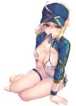  1girl ahoge artoria_pendragon_(all) baseball_cap between_breasts bikini bikini_in_mouth blonde_hair blue_eyes blue_headwear blush breasts cleavage collarbone fate/grand_order fate_(series) hair_between_eyes hair_through_headwear hand_between_breasts hat highres large_breasts long_hair looking_at_viewer mysterious_heroine_xx_(foreigner) navel ponytail shrug_(clothing) side-tie_bikini simple_background sitting solo suigetsu_(hjs1106) swimsuit thigh_strap untied untied_bikini white_background white_bikini yokozuwari 