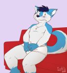  2019 4_fingers blue_fur blue_hair blush briefs canid canine canis caught clothing covering covering_self domestic_dog embarrassed fur green_eyes hair husky iztli male mammal navel nordic_sled_dog simple_background sitting slightly_chubby sofa solo spitz underwear white_fur 
