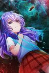  1girl bullet cowboy_shot curly_hair dutch_angle eyebrows_visible_through_hair floating_hair hair_between_eyes hanyuu higurashi_no_naku_koro_ni long_hair miniskirt plaid plaid_skirt pleated_skirt purple_eyes purple_hair red_skirt shiny shiny_hair shirt short_sleeves skirt solo standing sweatdrop white_shirt yukian 