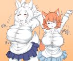  anthro big_breasts blue_bottomwear blue_clothing blue_skirt blush bottomwear breasts canid canine clothing domestic_cat duo eyebrow_through_hair eyebrows eyes_closed felid feline felis female fox front_view fur hair hi_res japanese_text mammal mofumofumachine motion_lines neck_tuft open_mouth orange_fur orange_hair portrait raised_arm skirt stretching text three-quarter_portrait topwear translucent translucent_hair tuft white_clothing white_fur white_hair white_topwear yawn 