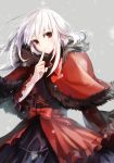  1girl black_dress bow bowtie capelet dress floating_hair fur-trimmed_capelet fur_trim gothic_lolita grey_background head_tilt k_(anime) kushina_anna layered_dress lolita_fashion long_hair long_sleeves looking_at_viewer noes red_bow red_capelet red_eyes red_neckwear silver_hair snowing solo 