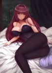  1girl absurdres ass bare_shoulders bed black_legwear blush breasts bunnysuit fate/grand_order fate_(series) highres legs long_hair looking_at_viewer lying pantyhose purple_hair scathach_(fate)_(all) scathach_(fate/grand_order) skasaha_(fire_emblem) smile zcheng_weibing 