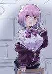  bow breasts chair collared_shirt gazacy_(dai) highres indoors jacket large_breasts lavender_hair off_shoulder open_mouth pink_eyes purple_bow purple_jacket shinjou_akane shirt ssss.gridman white_shirt 