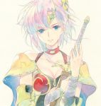  1girl 90s agahari armor bandages bare_shoulders blue_eyes breasts choker circlet cleavage collarbone commentary_request detached_sleeves hair_ornament holding holding_sword holding_weapon langrisser medium_breasts narm_(langrisser) pink_hair portrait sheath sheathed short_hair simple_background sword teeth traditional_media upper_body weapon white_background 