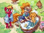  aged_down anthro anthrofied applejack_(mlp) bathing bathtub big_macintosh_(mlp) blonde_hair brush bubble clothing discarded_clothing earth_pony equid equine eyes_closed female freckles friendship_is_magic grass group hair hi_res holivi horse kneeling looking_back male mammal my_little_pony nipples nude open_mouth open_smile orange_hair outside partially_submerged pear_butter_(mlp) pony rubber_duck smile standing water 