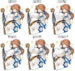  1girl belt black_gloves blue_eyes blue_ribbon blush braid breasts brown_hair bust_chart closed_mouth commentary covered_nipples flat_chest gameplay_mechanics gigantic_breasts gloves hair_ribbon hand_on_hip highres holding holding_staff hood hood_down huge_breasts large_breasts long_hair long_sleeves looking_at_viewer medium_breasts multiple_views original plump ribbon sachito small_breasts staff twintails white_robe 