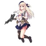  1girl allenes bangs belt black_legwear blonde_hair blue_eyes blue_skirt blush breast_pocket breasts collared_shirt full_body girls_frontline glasses gun hair_ribbon hat holding holding_gun holding_weapon leg_up long_hair official_art pleated_skirt pocket pouch ribbon shirt shoes single_sock single_thighhigh skirt socks solo submachine_gun thighhighs transparent_background weapon white_shirt z-62_(girls_frontline) 