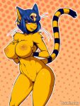  2019 animal_crossing ankha_(animal_crossing) anthro areola big_breasts blue_hair breasts domestic_cat egyptian felid feline felis female fur hair hand_on_breast hi_res mammal navel nintendo nipples nude open_mouth pattern_background pussy short_hair simple_background solo thick_thighs uraeus video_games whiskers wide_hips yellow_eyes zkelle 