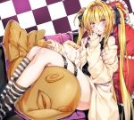  1girl alternate_costume alternate_hairstyle bare_shoulders beige_jacket black_dress blonde_hair blush checkered checkered_background dress eating finger_licking flower food food_on_face hair_between_eyes hair_flower hair_ornament hair_ribbon highres imo_(evekelu-111) kneehighs knees_up konjiki_no_yami legs licking lolita_fashion long_hair looking_at_viewer off_shoulder red_eyes ribbon sitting sleeveless sleeveless_dress solo striped striped_legwear stuffed_toy takoyaki thigh_strap thighs to_love-ru tongue tongue_out twintails very_long_hair very_long_sleeves 