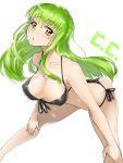  1girl ass bent_over bikini black_bikini breasts c.c. character_name cleavage code_geass collarbone commentary_request feet_out_of_frame front-tie_top green_eyes hands_on_own_knees highres leaning_forward long_hair looking_at_viewer side-tie_bikini simple_background solo standing swimsuit white_background yellow_eyes yuki_tarou 