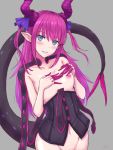  blue_eyes blue_ribbon blush breasts commentary_request curled_horns dragon_girl dragon_tail elizabeth_bathory_(fate) elizabeth_bathory_(fate)_(all) eno_(joqeve) eyebrows_visible_through_hair fang fate/extra fate/extra_ccc fate/grand_order fate_(series) flat_chest grin highres idol long_hair looking_at_viewer navel nipples pink_hair pointy_ears ribbon shiny shiny_skin small_breasts smile solo tail thighs 