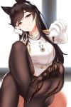  1girl animal_ears atago_(azur_lane) azur_lane bangs black_hair black_legwear blush bottle breasts brown_eyes closed_mouth damao_yu extra_ears eyebrows_visible_through_hair gloves hair_ribbon highres holding holding_bottle large_breasts long_hair looking_at_viewer military military_uniform mole mole_under_eye pouring ribbon smile soles solo swept_bangs thighhighs toes uniform white_ribbon 